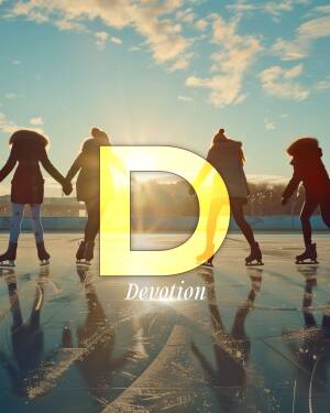 A group of friends ice skating with a large yellow 'D' superimposed over the scene.