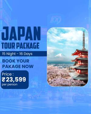 Japan Tour Package advertisement featuring Mount Fuji and a traditional pagoda.