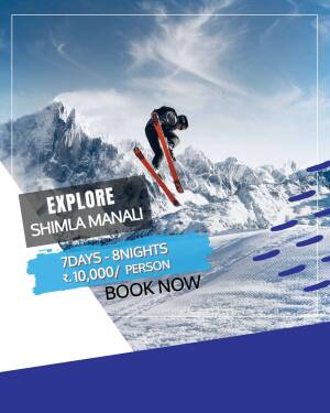 A skier in mid-air against a backdrop of snow-capped mountains in Shimla Manali, with travel package details.