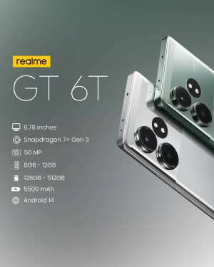 Realme GT 6T smartphone with key specifications displayed