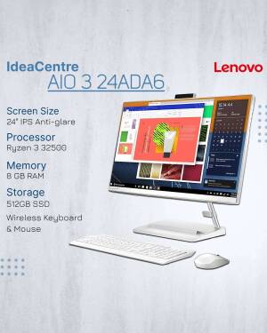 Lenovo IdeaCentre AIO 3 24ADA6 desktop computer with keyboard and mouse