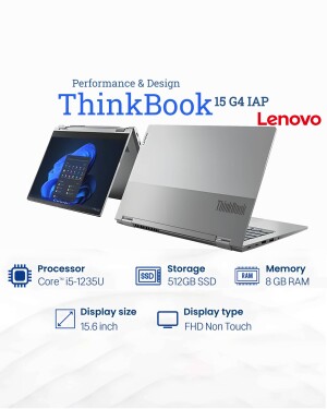 Lenovo ThinkBook 15 G4 iAP laptop in silver, showcasing its 2-in-1 functionality and key specifications.
