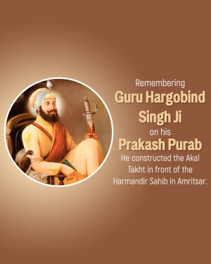 Portrait of Guru Hargobind Singh Ji with text commemorating his Prakash Purab