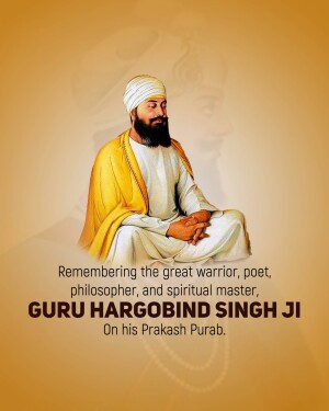 Portrait of Guru Hargobind Singh Ji with text commemorating Prakash Purab