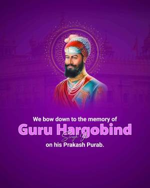 Portrait of Guru Hargobind with text commemorating Prakash Purab