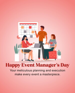 Illustration of event planners collaborating around a desk with a calendar in the background, celebrating Event Manager's Day.