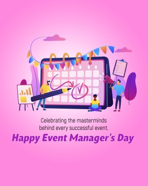 Illustration of people celebrating Event Manager's Day with a calendar and event planning tools.