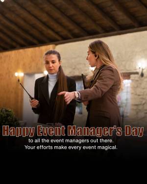Two professional women discussing event details with text overlay 'Happy Event Manager's Day'