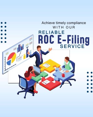 Illustration of a business team discussing ROC E-Filing with charts and a laptop.