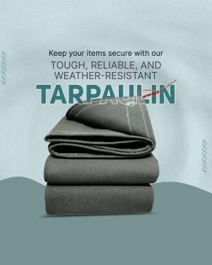 Folded gray tarpaulin with text promoting its weather resistance