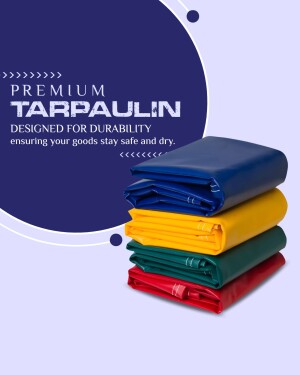 Folded tarpaulins in blue, yellow, green, and red colors with a purple background.