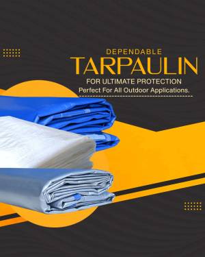 Blue and white tarpaulin rolls with text 'Dependable Tarpaulin'