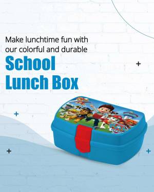 Blue Paw Patrol themed school lunch box with characters on a white brick background.
