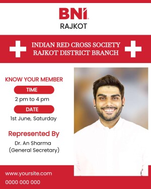 Event card featuring Dr. An Sharma, General Secretary of Indian Red Cross Society, Rajkot District Branch.
