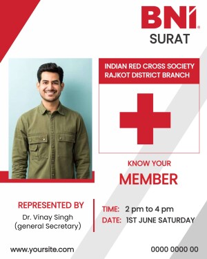 ID card of Dr. Vinay Singh, General Secretary of Indian Red Cross Society, Rajkot District Branch, represented by BNI Surat.