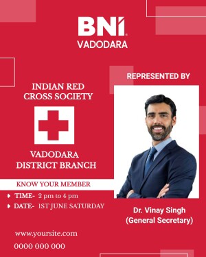 BNI Vadodara member Dr. Vinay Singh with Indian Red Cross Society logo