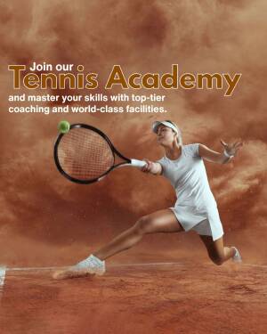Female tennis player hitting a forehand on a clay court with text promoting a tennis academy.