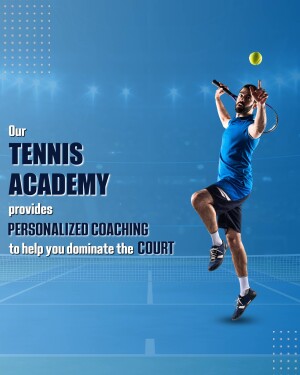 Tennis player serving with text promoting a tennis academy and personalized coaching.
