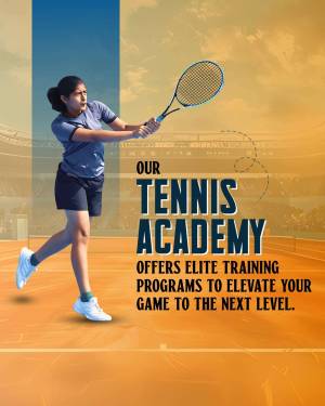 Young woman playing tennis with text promoting a tennis academy
