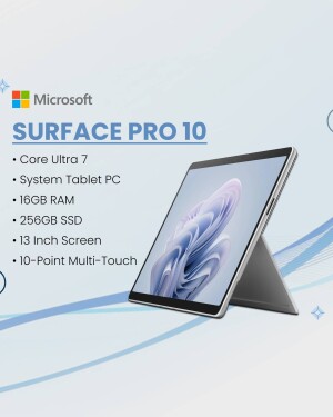 Microsoft Surface Pro 10 tablet with kickstand, displaying the Windows 11 operating system.