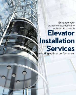 Modern glass elevator interior with promotional text for elevator installation services