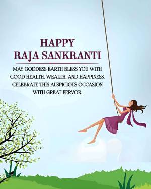 Illustration of a woman swinging on a rope with a Raja Sankranti greeting.