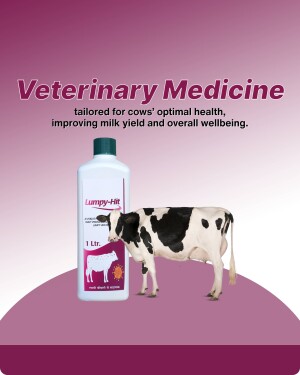 Bottle of Lumpy-Hit veterinary medicine with a cow illustration