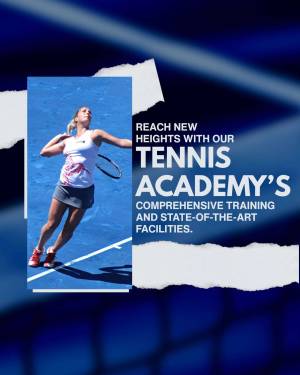 Female tennis player hitting a forehand with text promoting a tennis academy