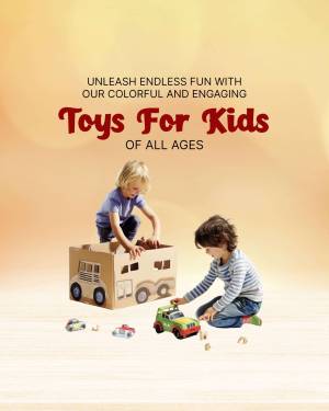 Two young children playing with colorful wooden toys and a cardboard car.