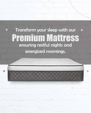 Close-up of a premium mattress against a brick wall with text promoting restful sleep.