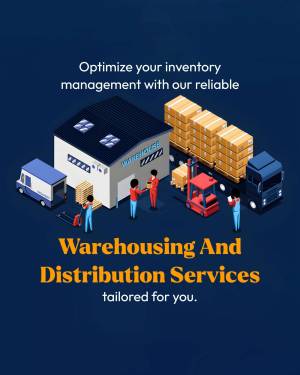 Isometric illustration of a warehouse with workers and delivery trucks