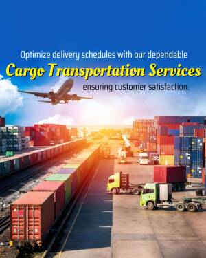 Image depicting cargo transportation with a plane, trucks, trains, and shipping containers.