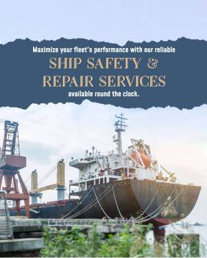 Image of a ship undergoing repair with text promoting ship safety and repair services.