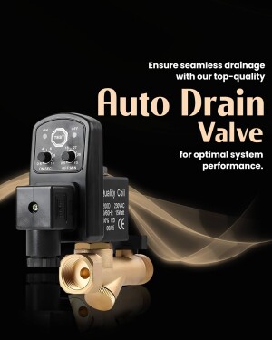 Close-up of a black and gold auto drain valve with text overlay