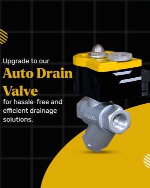 Close-up of a yellow and silver auto drain valve against a black and yellow background.