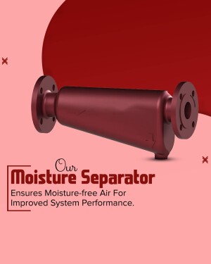 Red industrial moisture separator with text overlay