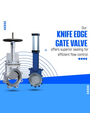 Close-up of a silver and blue knife edge gate valve with text overlay.
