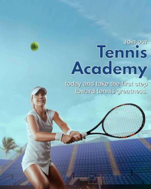 Female tennis player hitting a ball with text promoting a tennis academy.