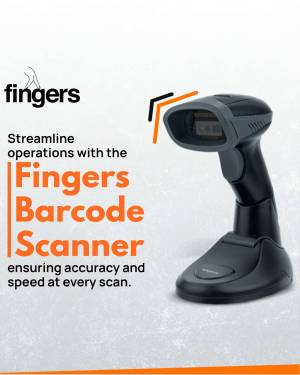 Fingers barcode scanner on a white background with orange accents.