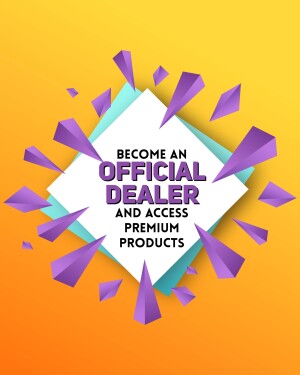Image promoting a dealer program with purple geometric shapes and text.