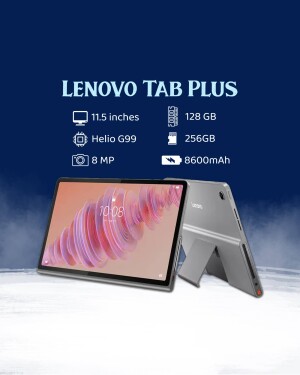 Lenovo Tab Plus tablet with specifications displayed