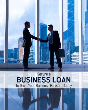 Two businessmen shaking hands in front of a city skyline with text promoting business loans.