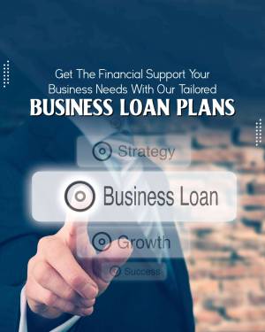 Hand pressing a button with 'Business Loan' text on a screen, representing financial support for businesses.