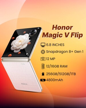 Honor Magic V Flip foldable smartphone in white color with flower design on the cover screen