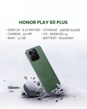 Green Honor Play 60 Plus smartphone with specs displayed