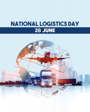 Image celebrating National Logistics Day with a plane, trucks, and a globe.