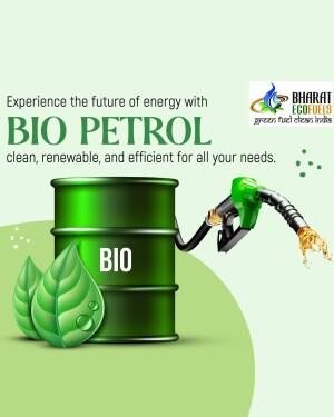 Image promoting Bharat EcoFuels Bio Petrol with a barrel, fuel pump, and leaves.