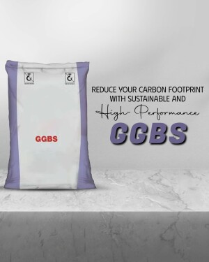 Image of a GGBS bag with text promoting carbon footprint reduction and high performance.
