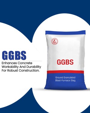 Image of a GGBS (Ground Granulated Blast-Furnace Slag) bag with text highlighting its benefits for concrete construction.