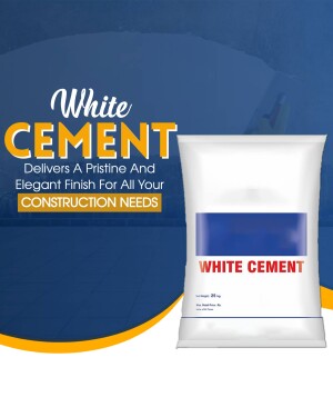 Image of a bag of white cement with text highlighting its pristine finish.